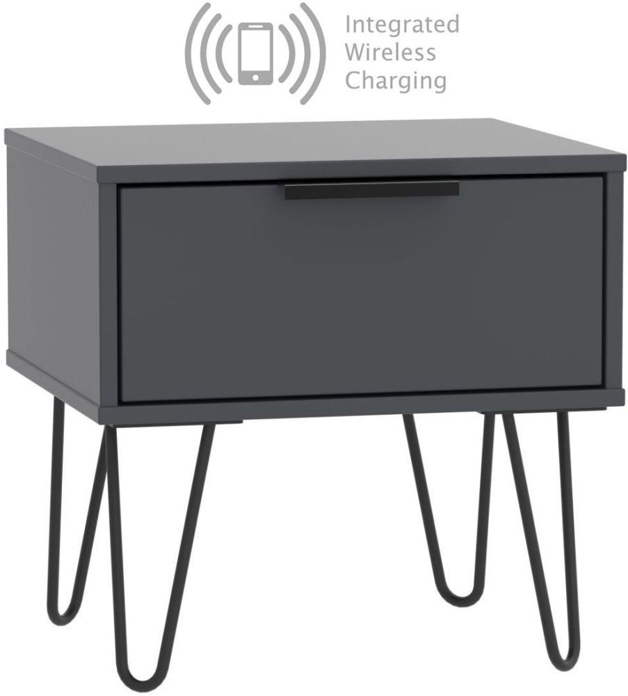 Hong Kong Graphite 1 Drawer Bedside Cabinet With Hairpin Legs And Integrated Wireless Charging