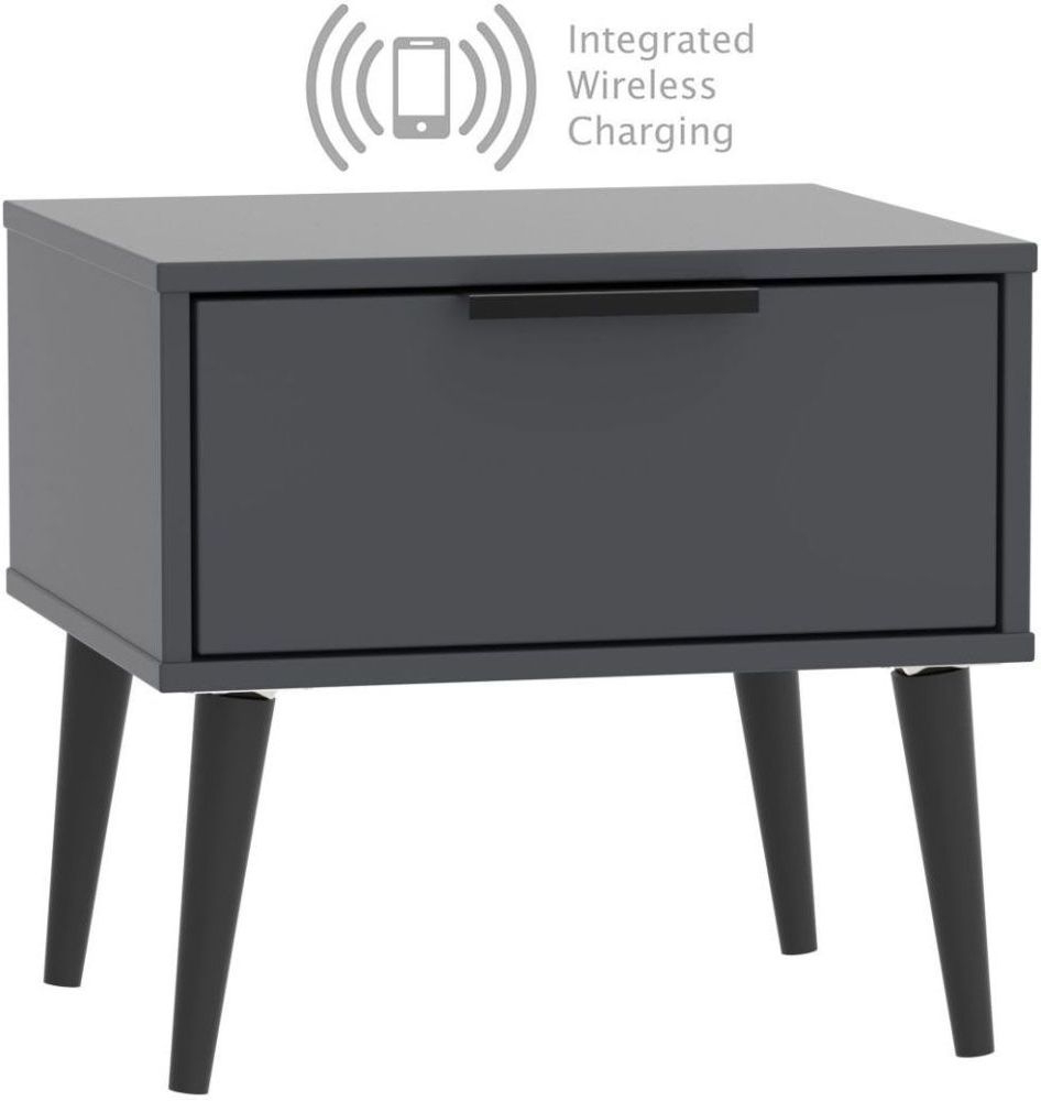 Hong Kong Graphite 1 Drawer Bedside Cabinet With Wooden Legs And Integrated Wireless Charging