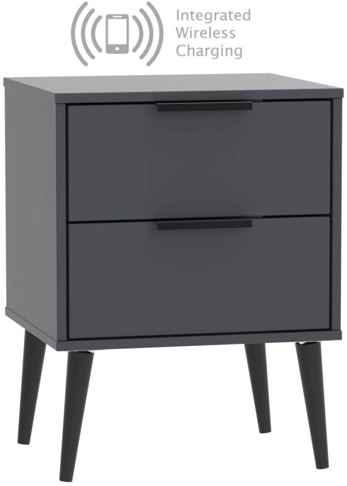 Hong Kong Graphite 2 Drawer Bedside Cabinet With Wooden Legs And Integrated Wireless Charging