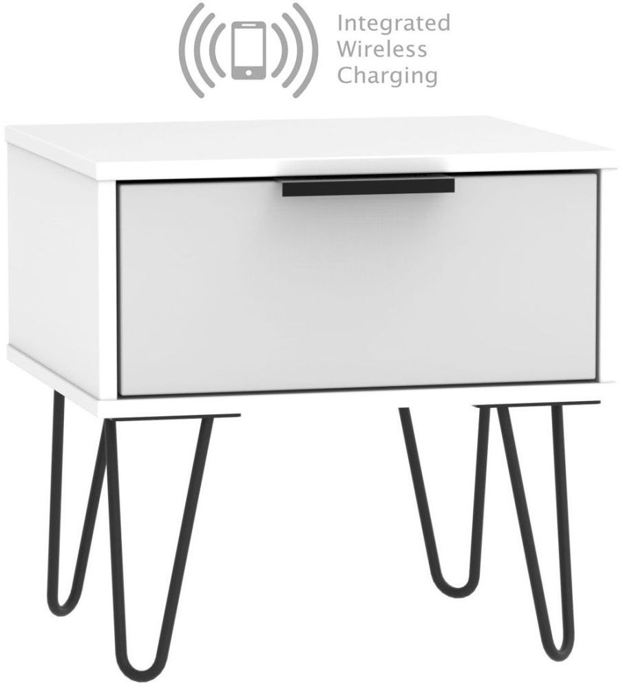 Hong Kong 1 Drawer Bedside Cabinet With Hairpin Legs And Integrated Wireless Charging Grey And White
