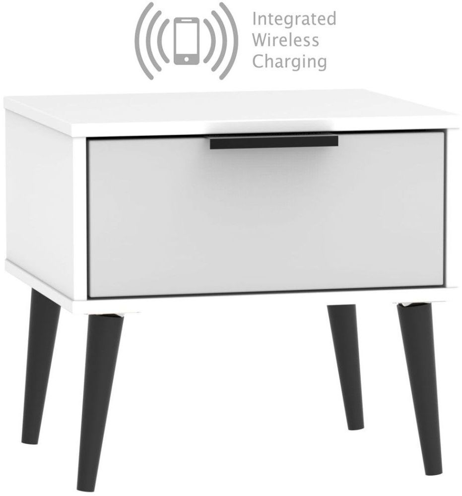 Hong Kong 1 Drawer Bedside Cabinet With Wooden Legs And Integrated Wireless Charging Grey And White