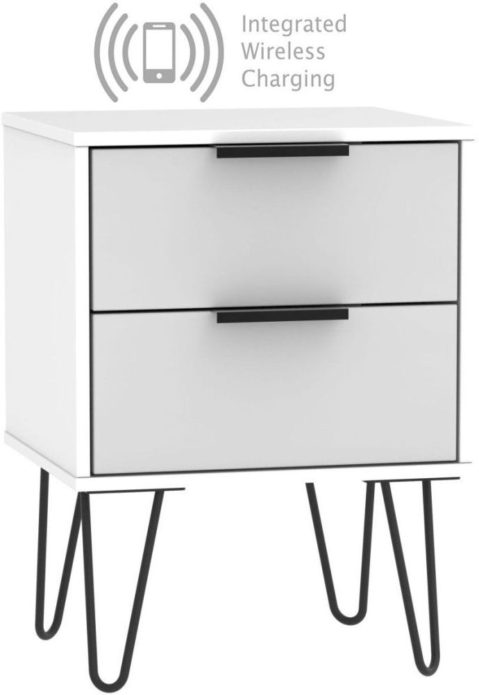 Hong Kong 2 Drawer Bedside Cabinet With Hairpin Legs And Integrated Wireless Charging Grey And White