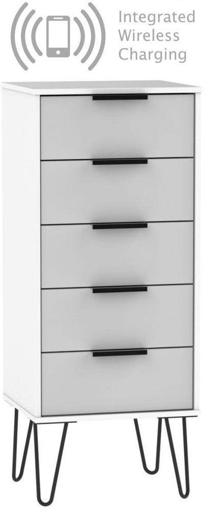 Hong Kong 5 Drawer Slim Chest With Hairpin Legs And Integrated Wireless Charging Grey And White