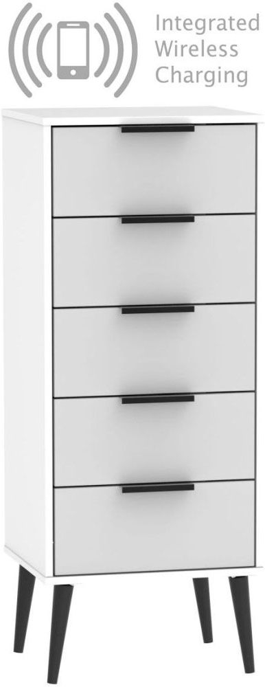 Hong Kong 5 Drawer Slim Chest With Wooden Legs And Integrated Wireless Charging Grey And White