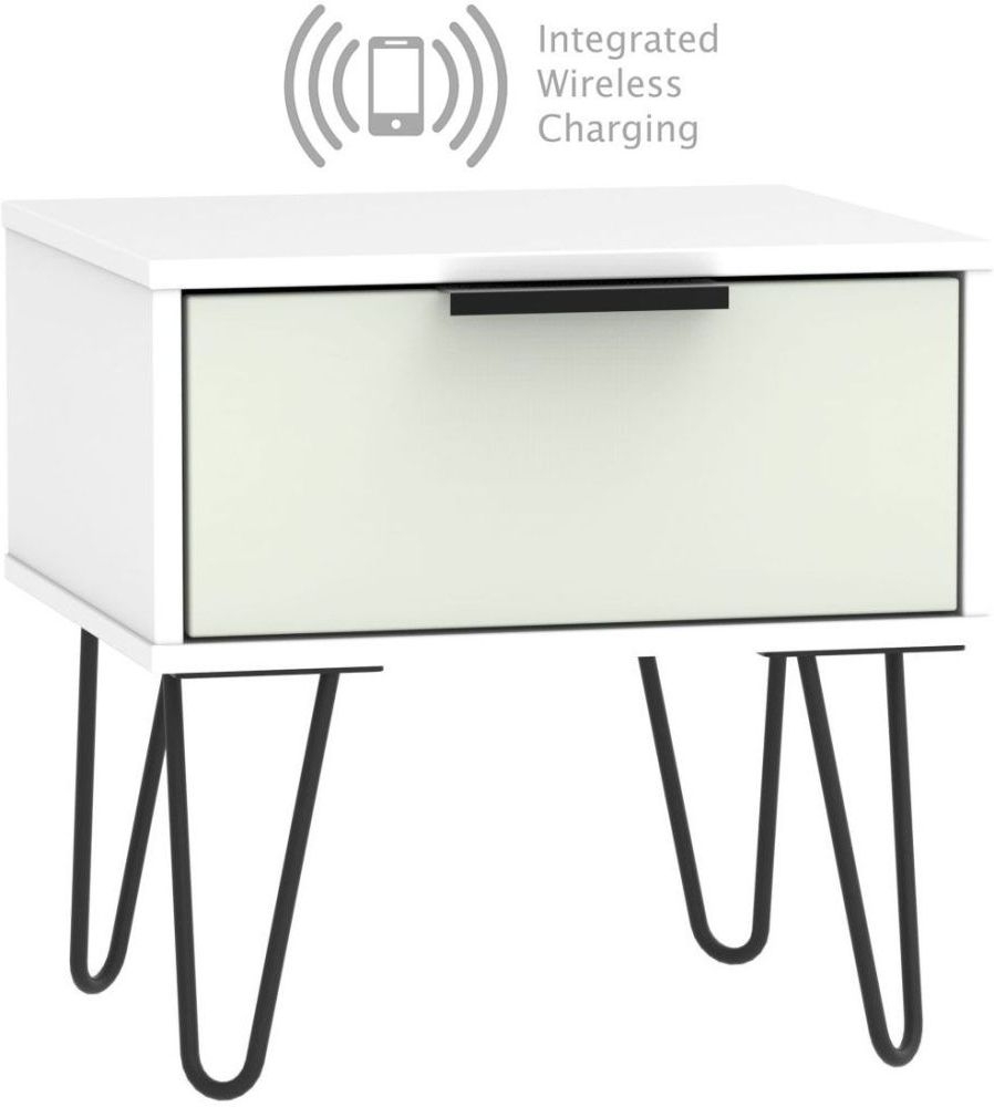 Hong Kong 1 Drawer Bedside Cabinet With Hairpin Legs And Integrated Wireless Charging Kaschmir And White