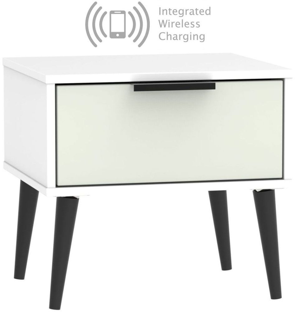 Hong Kong 1 Drawer Bedside Cabinet With Wooden Legs And Integrated Wireless Charging Kaschmir And White