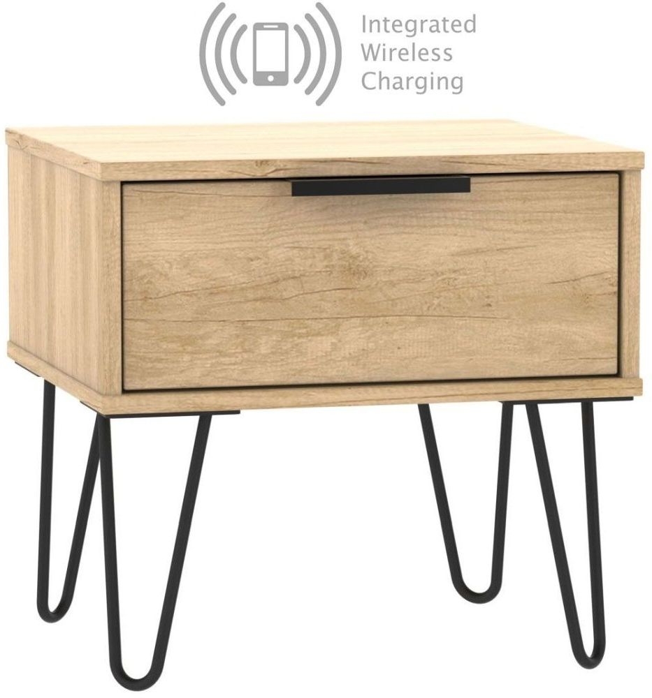 Hong Kong Nebraska Oak 1 Drawer Bedside Cabinet With Hairpin Legs And Integrated Wireless Charging