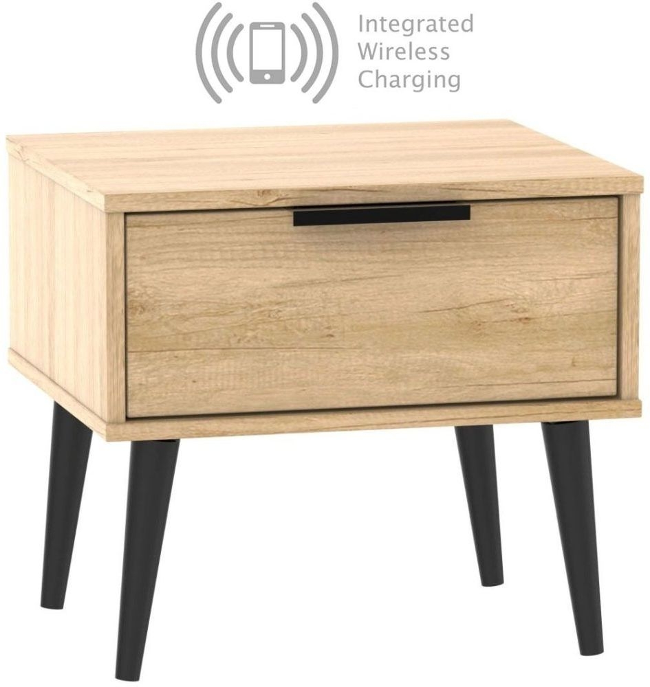 Hong Kong Nebraska Oak 1 Drawer Bedside Cabinet With Wooden Legs And Integrated Wireless Charging