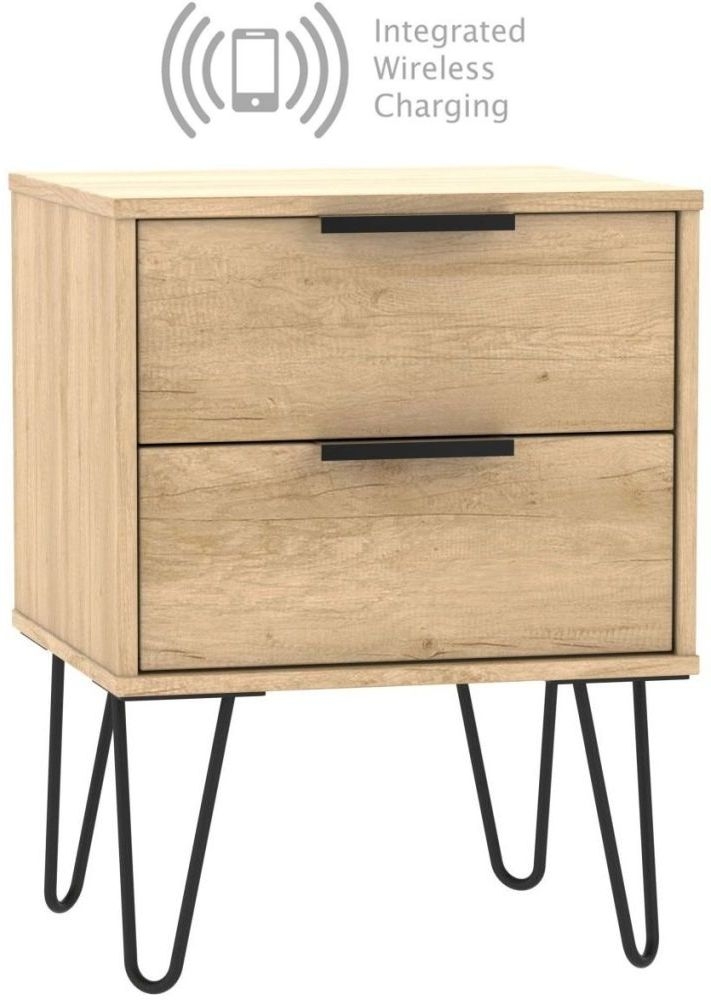 Hong Kong Nebraska Oak 2 Drawer Bedside Cabinet With Hairpin Legs And Integrated Wireless Charging