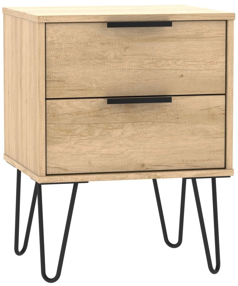 Hong Kong Nebraska Oak 2 Drawer Bedside Cabinet With Hairpin Legs
