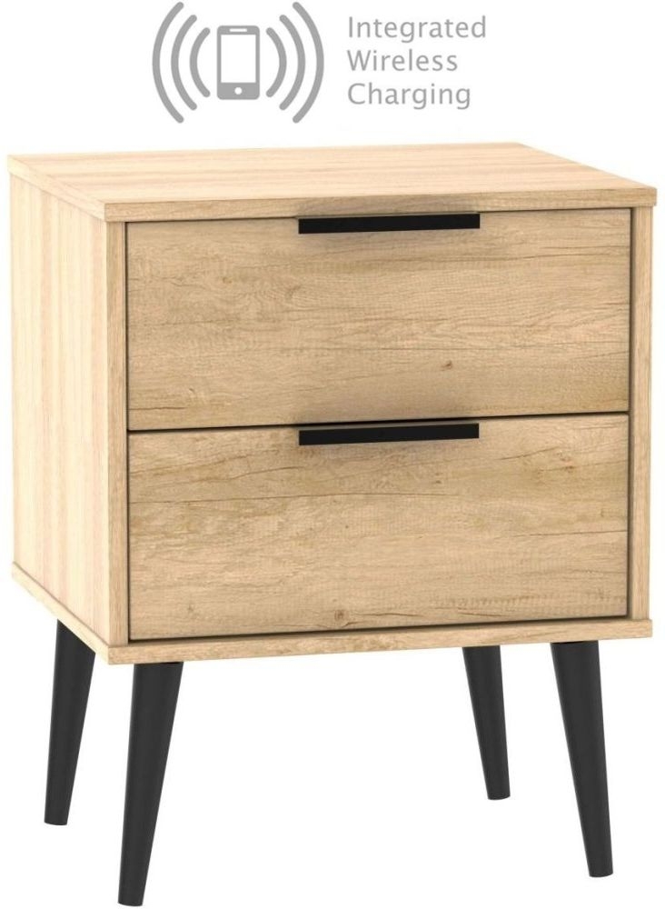 Hong Kong Nebraska Oak 2 Drawer Bedside Cabinet With Wooden Legs And Integrated Wireless Charging
