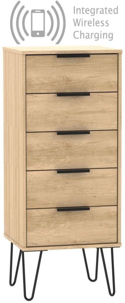 Hong Kong Nebraska Oak 5 Drawer Slim Chest With Hairpin Legs And Integrated Wireless Charging