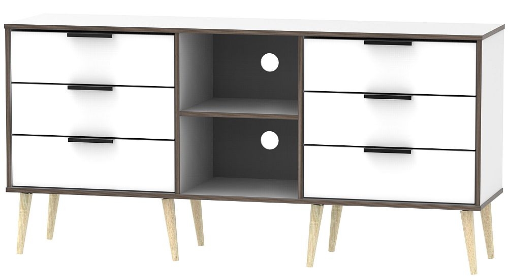 Hong Kong White 6 Drawer Tv Unit With Wooden Legs