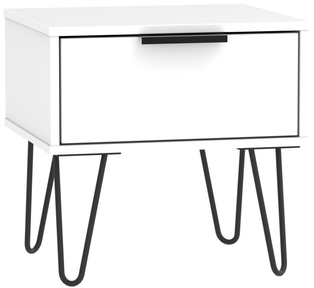 Hong Kong White 1 Drawer Bedside Cabinet With Hairpin Legs