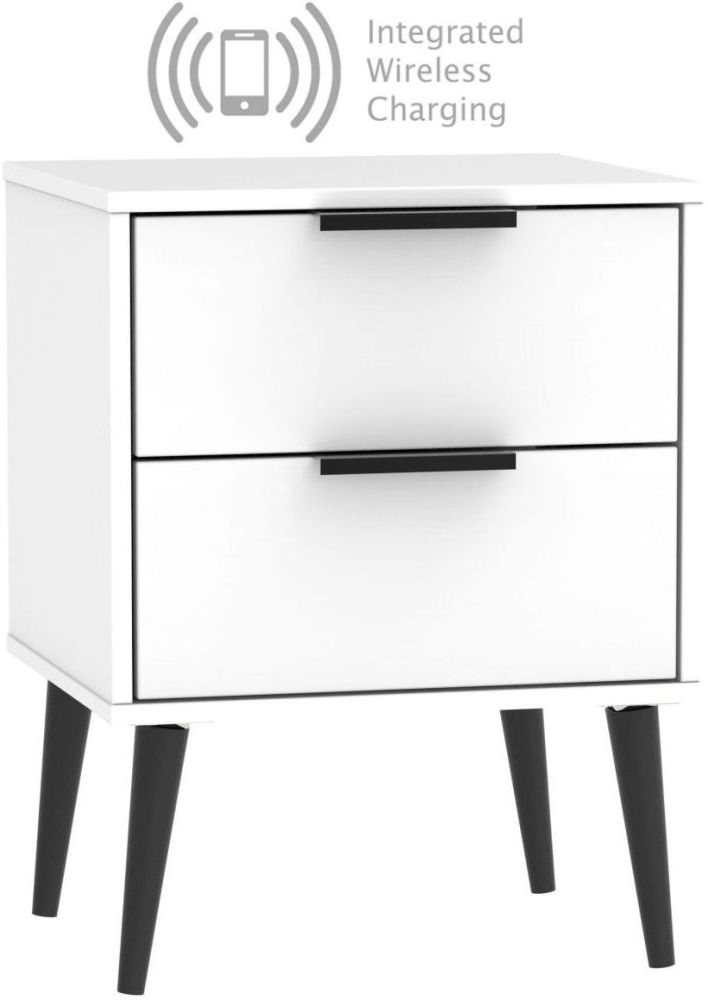 Hong Kong White 2 Drawer Bedside Cabinet With Wooden Legs And Integrated Wireless Charging