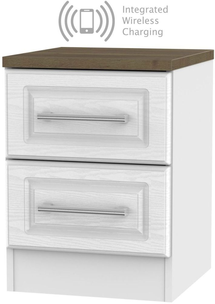 Kent 2 Drawer Bedside Cabinet With Integrated Wireless Charging White Ash And Oak