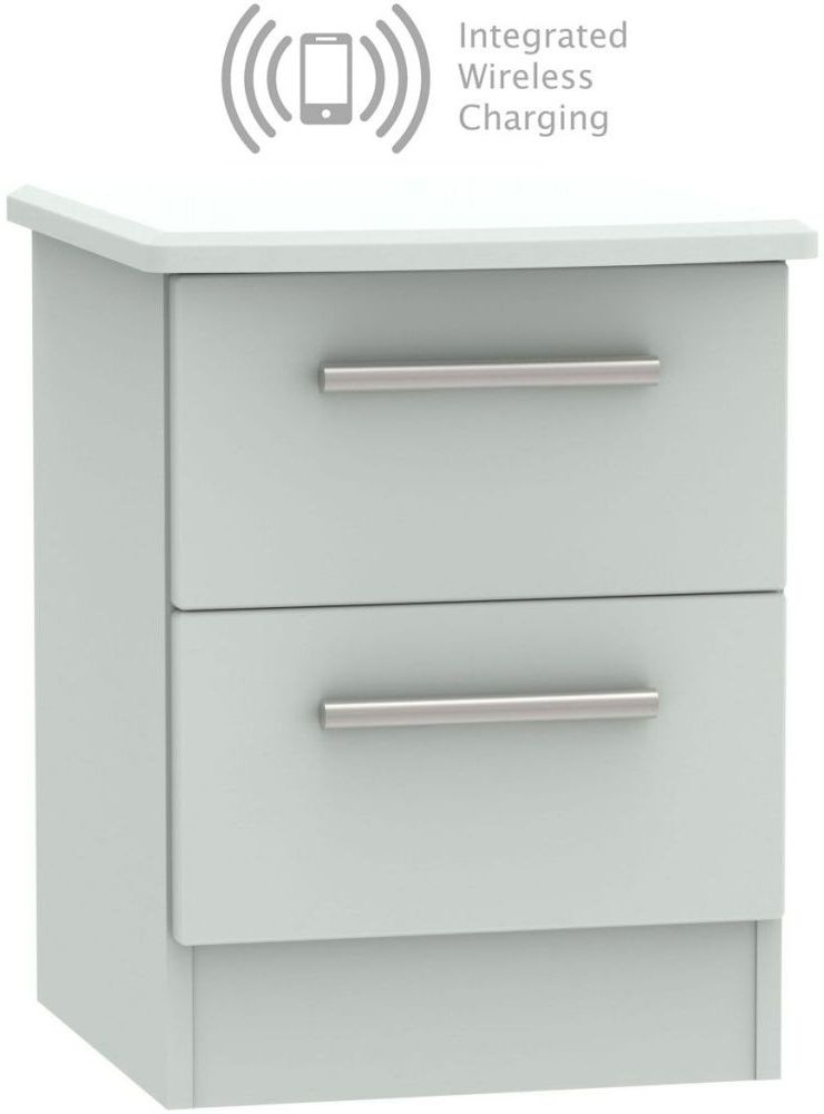 Knightsbridge Grey Matt 2 Drawer Bedside Cabinet With Integrated Wireless Charging