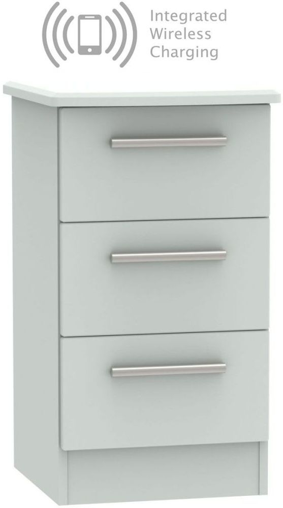 Knightsbridge Grey Matt 3 Drawer Bedside Cabinet With Integrated Wireless Charging