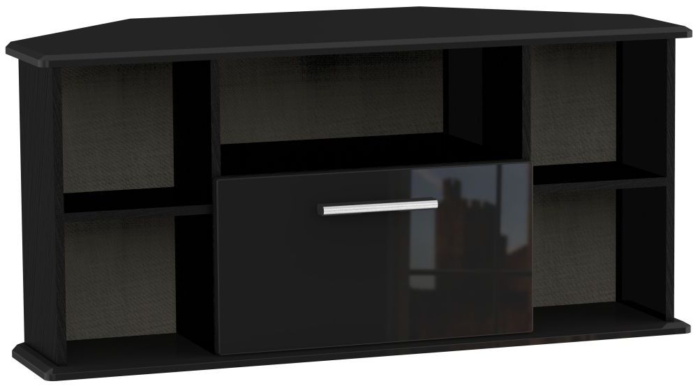 Knightsbridge High Gloss Black 1 Drawer Corner Tv Unit