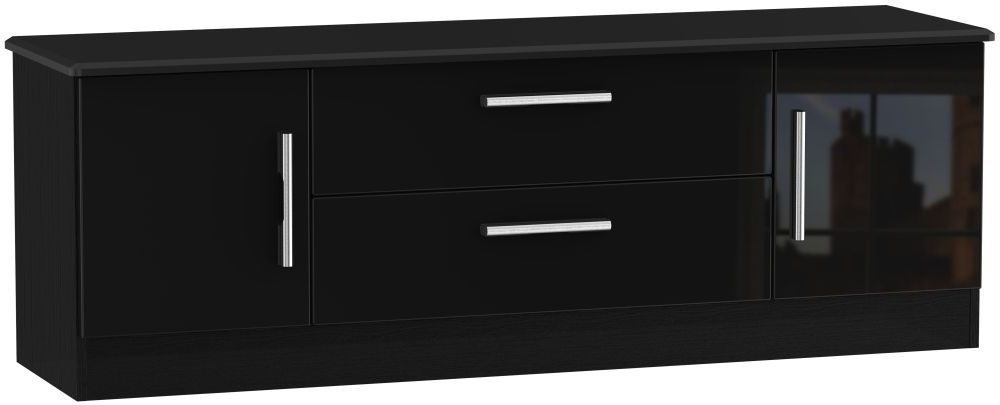 Knightsbridge High Gloss Black 2 Door 2 Drawer Wide Tv Unit