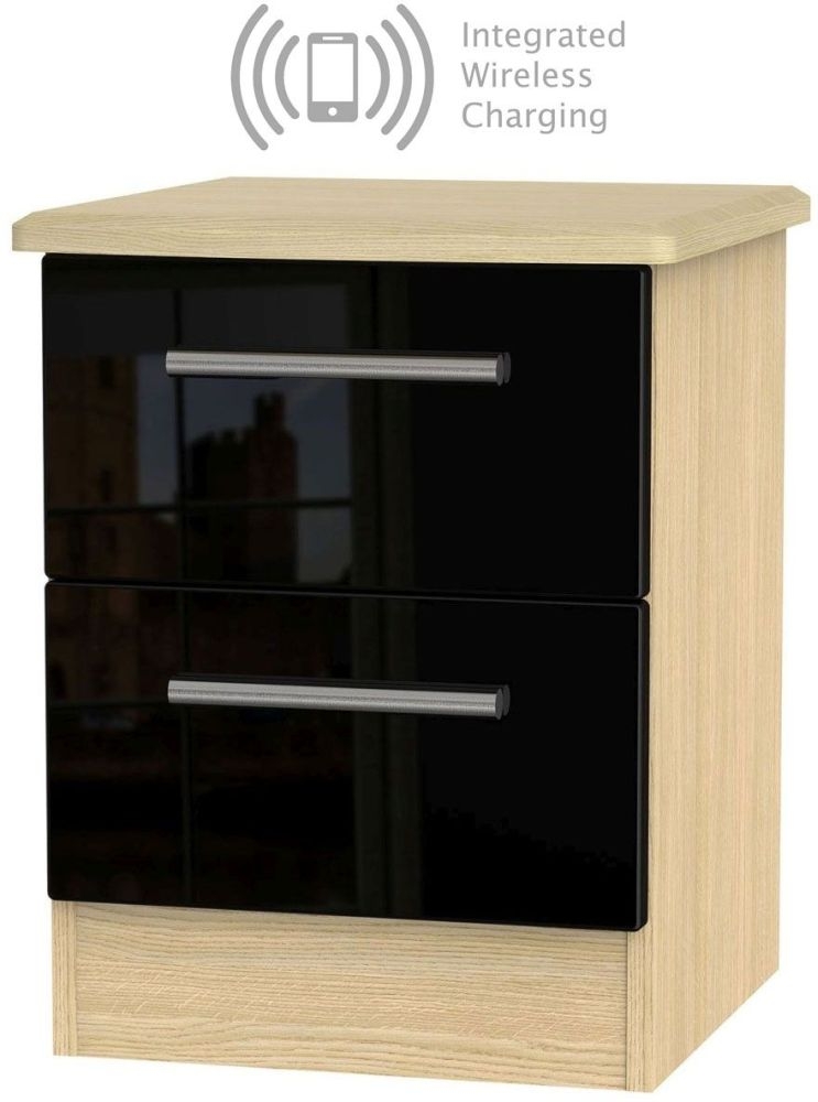 Knightsbridge 2 Drawer Bedside Cabinet With Integrated Wireless Charging High Gloss Black And Light Oak