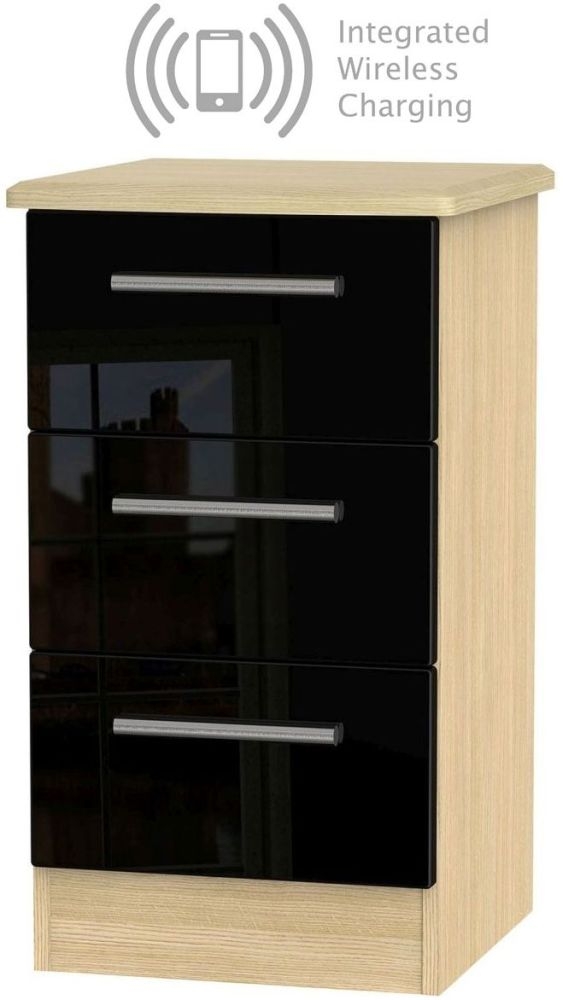 Knightsbridge 3 Drawer Bedside Cabinet With Integrated Wireless Charging High Gloss Black And Light Oak