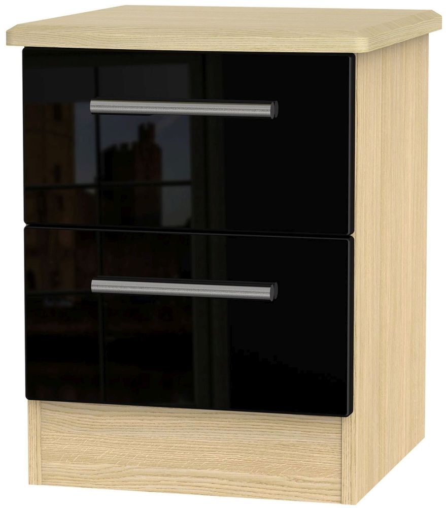 Knightsbridge 2 Drawer Bedside Cabinet High Gloss Black And Light Oak