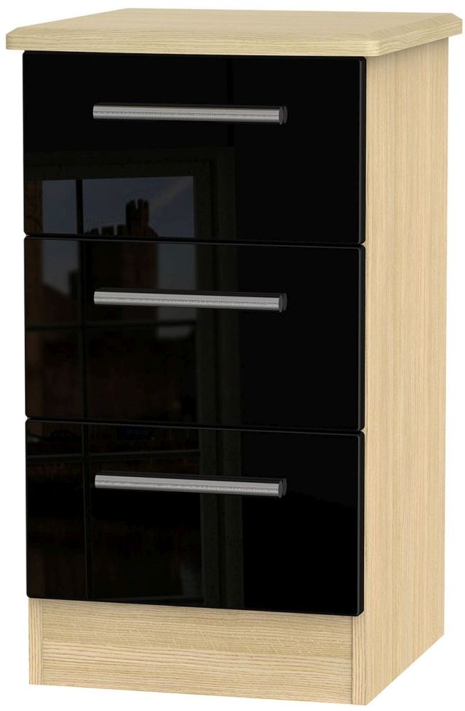 Knightsbridge 3 Drawer Bedside Cabinet High Gloss Black And Light Oak