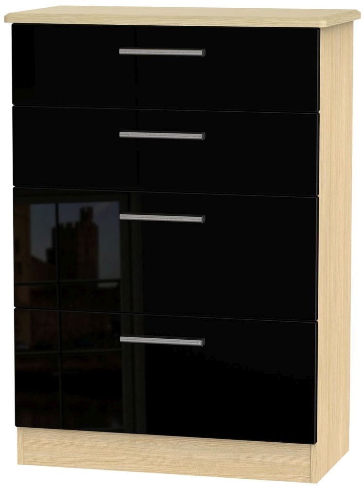 Knightsbridge 4 Drawer Deep Chest High Gloss Black And Light Oak