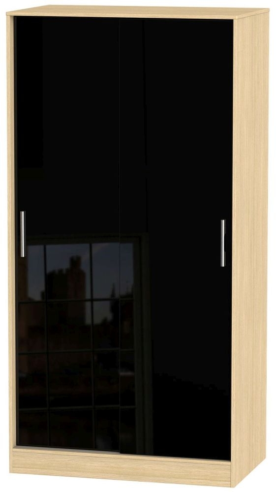 Knightsbridge 2 Door Sliding Wardrobe High Gloss Black And Light Oak