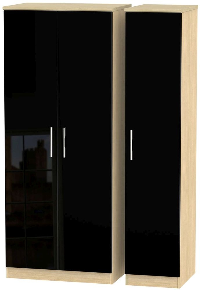 Knightsbridge 3 Door Plain Wardrobe High Gloss Black And Light Oak