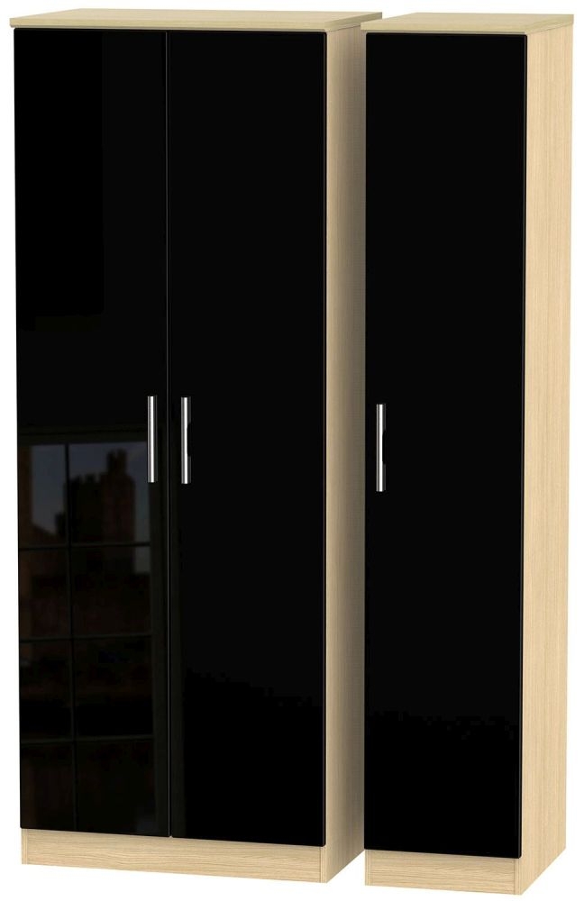 Knightsbridge 3 Door Tall Wardrobe High Gloss Black And Light Oak