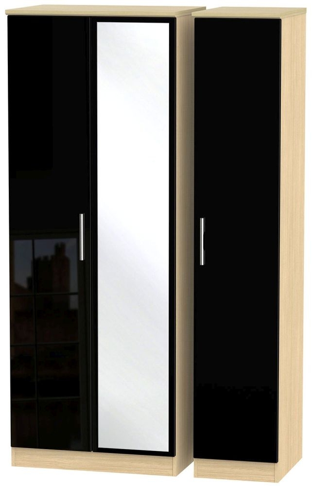 Knightsbridge 3 Door Tall Mirror Wardrobe High Gloss Black And Light Oak