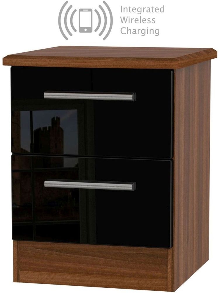 Knightsbridge 2 Drawer Bedside Cabinet With Integrated Wireless Charging High Gloss Black And Noche Walnut