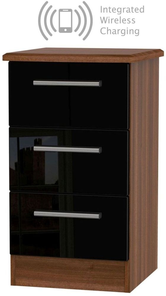 Knightsbridge 3 Drawer Bedside Cabinet With Integrated Wireless Charging High Gloss Black And Noche Walnut