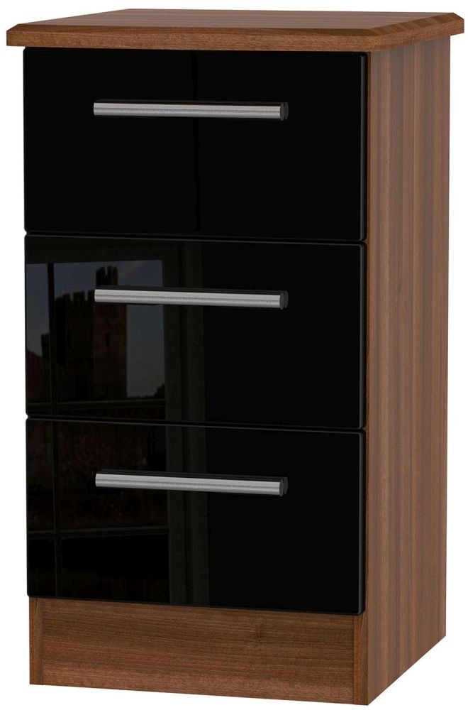 Knightsbridge 3 Drawer Bedside Cabinet High Gloss Black And Noche Walnut