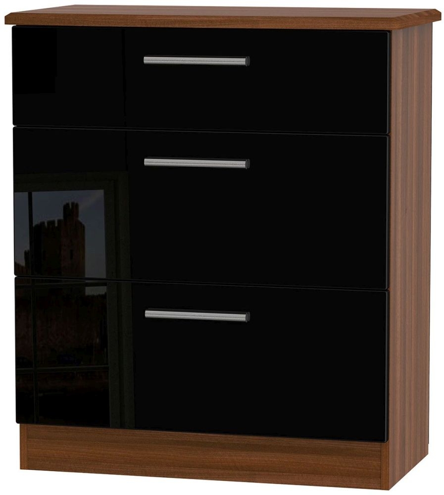 Knightsbridge 3 Drawer Deep Chest High Gloss Black And Noche Walnut