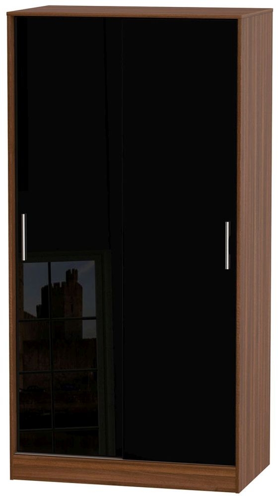 Knightsbridge 2 Door Sliding Wardrobe High Gloss Black And Noche Walnut