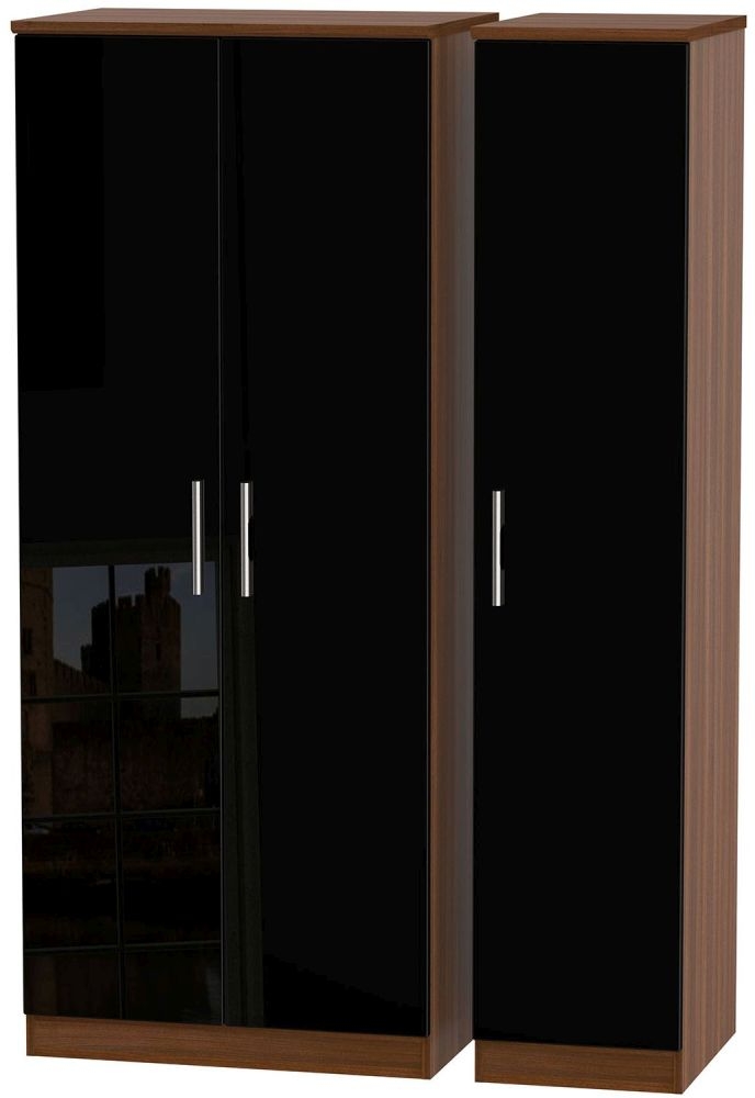 Knightsbridge 3 Door Wardrobe High Gloss Black And Noche Walnut