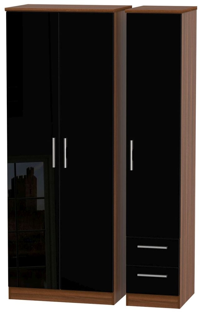 Knightsbridge 3 Door 2 Right Drawer Tall Wardrobe High Gloss Black And Noche Walnut