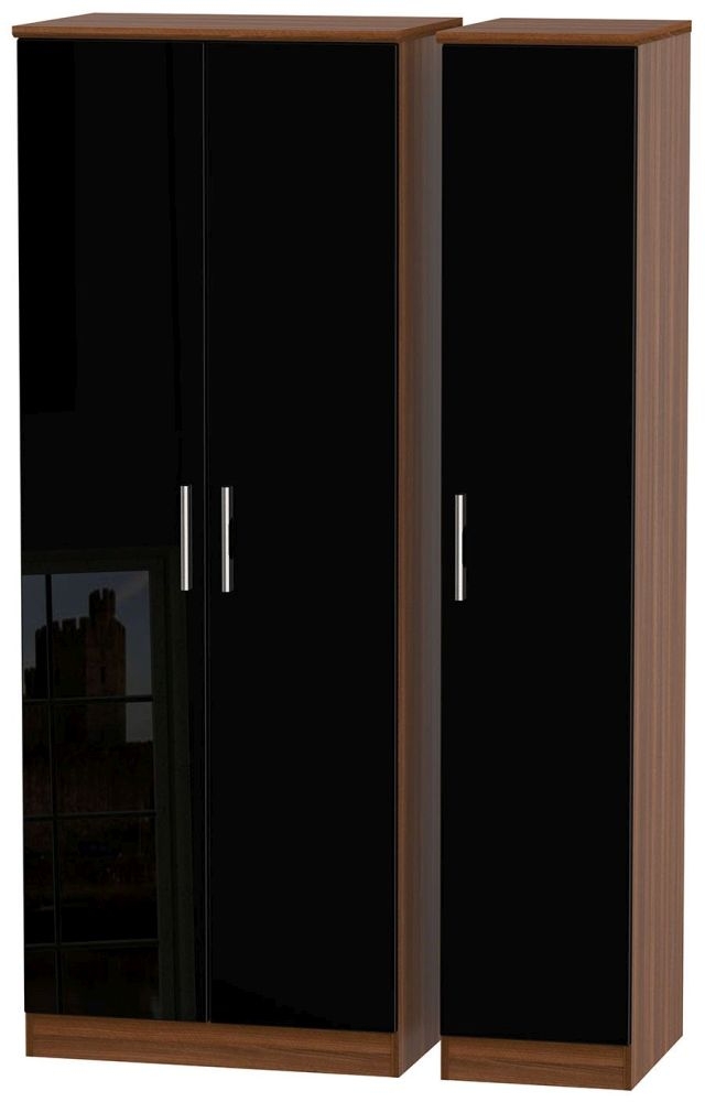 Knightsbridge 3 Door Tall Wardrobe High Gloss Black And Noche Walnut