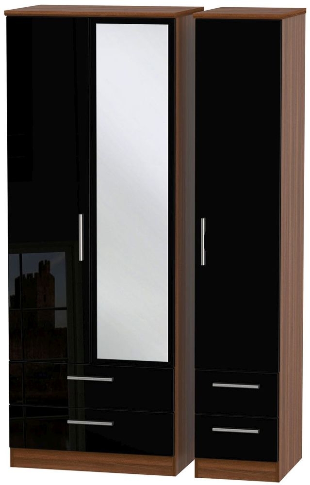 Knightsbridge 3 Door 4 Drawer Tall Combi Wardrobe High Gloss Black And Noche Walnut