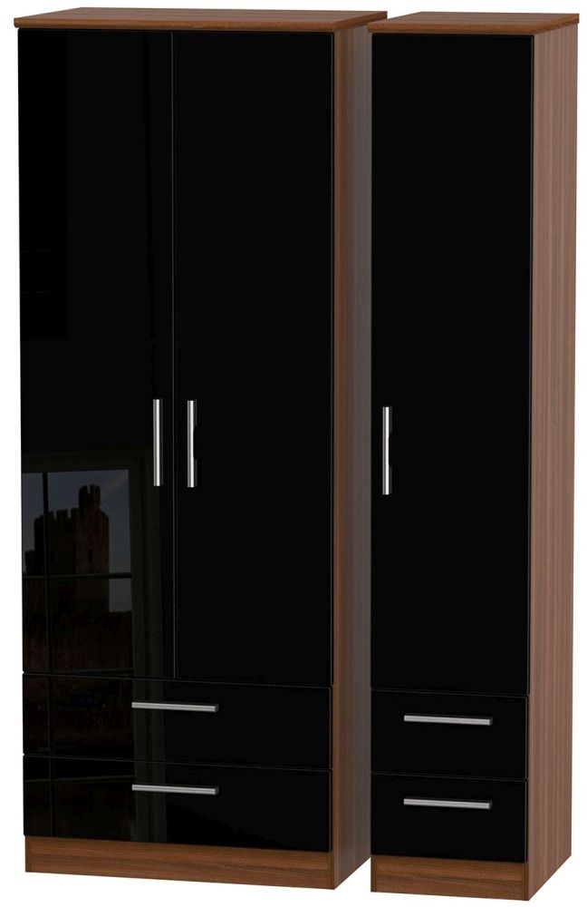 Knightsbridge 3 Door 4 Drawer Tall Wardrobe High Gloss Black And Noche Walnut