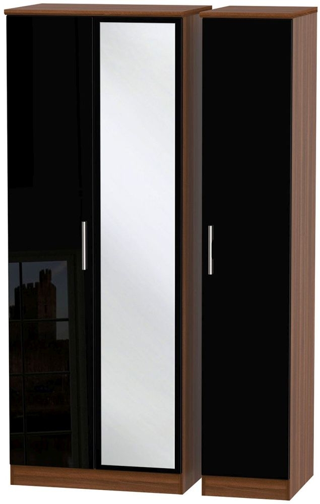 Knightsbridge 3 Door Tall Mirror Wardrobe High Gloss Black And Noche Walnut