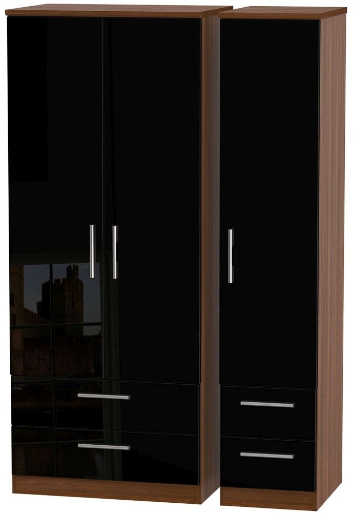 Knightsbridge 3 Door 4 Drawer Wardrobe High Gloss Black And Noche Walnut