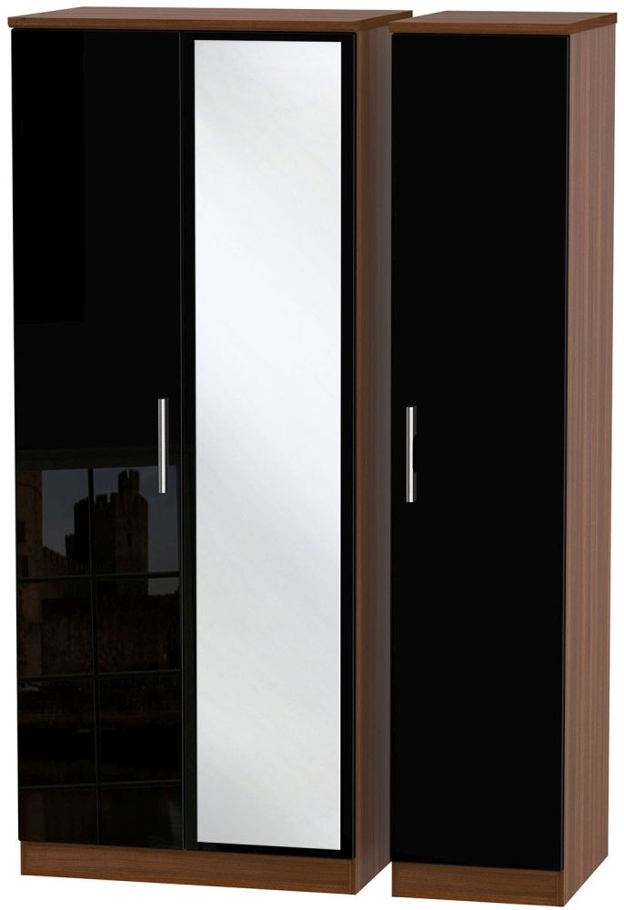 Knightsbridge 3 Door Mirror Wardrobe High Gloss Black And Noche Walnut