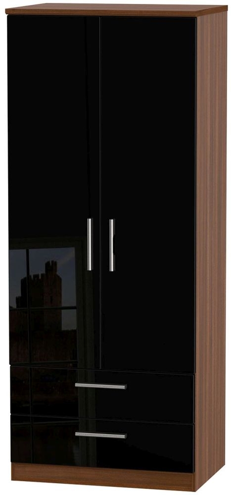 Knightsbridge 2 Door 2 Drawer Wardrobe High Gloss Black And Noche Walnut