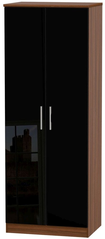 Knightsbridge 2 Door Tall Wardrobe High Gloss Black And Noche Walnut