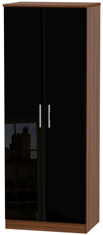 Knightsbridge 2 Door Tall Hanging Wardrobe High Gloss Black And Noche Walnut