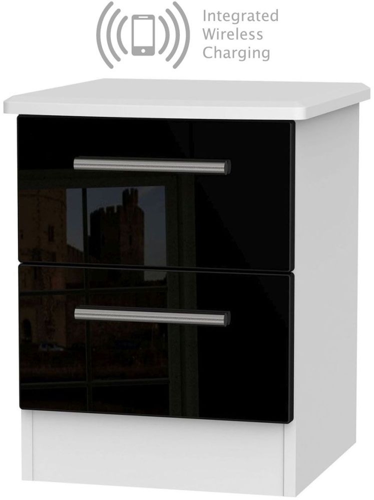 Knightsbridge 2 Drawer Bedside Cabinet With Integrated Wireless Charging High Gloss Black And White